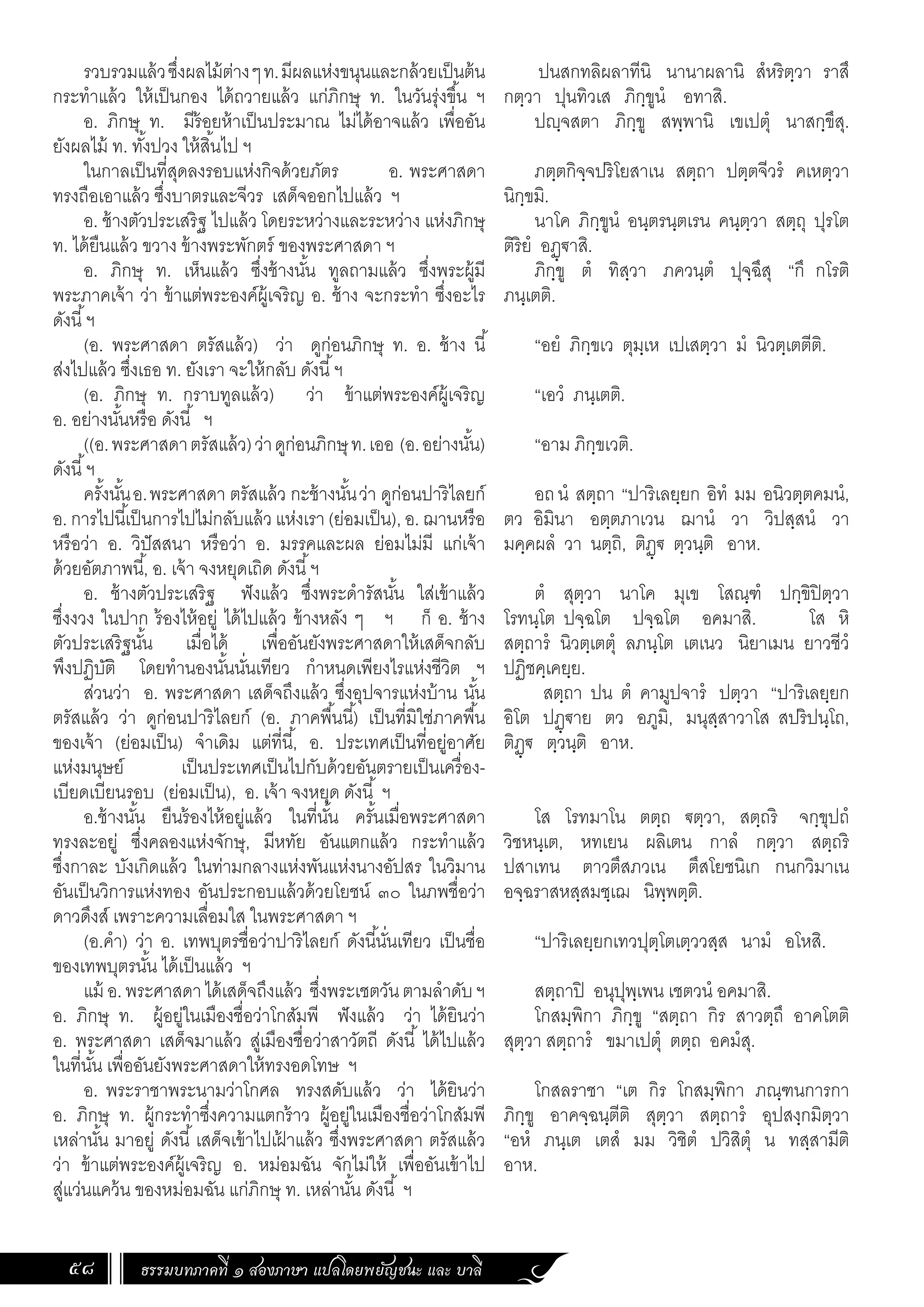 ธรรมบทภาคที่ ๑ สองภาษา แปลโดยพยัญชนะ และ บาลี
58
ปนสกทลิผลาทีนิ นานาผลานิ สํหริตฺวา ราสึ
กตฺวา ปุนทิวเส ภิกฺขูนํ อทาสิ.
ปฺจสตา ภิกฺขู สพฺพานิ เขเปตุํ นาสกฺขึสุ.
ภตฺตกิจฺจปริโยสาเน สตฺถา ปตฺตจีวรํ คเหตฺวา
นิกฺขมิ.
นาโค ภิกฺขูนํ อนฺตรนฺตเรน คนฺตฺวา สตฺถุ ปุรโต
ติริยํ อฏฺ€าสิ.
ภิกฺขู ตํ ทิสฺวา ภควนฺตํ ปุจฺฉึสุ “กึ กโรติ
ภนฺเตติ.
“อยํ ภิกฺขเว ตุมฺเห เปเสตฺวา มํ นิวตฺเตตีติ.
“เอวํ ภนฺเตติ.
“อาม ภิกฺขเวติ.
อถนํ สตฺถา “ปาริเลยฺยก อิทํ มม อนิวตฺตคมนํ,
ตว อิมินา อตฺตภาเวน ฌานํ วา วิปสฺสนํ วา
มคฺคผลํ วา นตฺถิ, ติฏฺ€ ตฺวนฺติ อาห.
ตํ สุตฺวา นาโค มุเข โสณฺฑํ ปกฺขิปิตฺวา
โรทนฺโต ปจฺฉโต ปจฺฉโต อคมาสิ. โส หิ
สตฺถารํ นิวตฺเตตุํ ลภนฺโต เตเนว นิยาเมน ยาวชีวํ
ปฏิชคฺเคยฺย.
สตฺถา ปน ตํ คามูปจารํ ปตฺวา “ปาริเลยฺยก
อิโต ปฏฺ€าย ตว อภูมิ, มนุสฺสาวาโส สปริปนฺโถ,
ติฏฺ€ ตฺวนฺติ อาห.
โส โรทมาโน ตตฺถ €ตฺวา, สตฺถริ จกฺขุปถํ
วิชหนฺเต, หทเยน ผลิเตน กาลํ กตฺวา สตฺถริ
ปสาเทน ตาวตึสภวเน ตึสโยชนิเก กนกวิมาเน
อจฺฉราสหสฺสมชฺเฌ นิพฺพตฺติ.
“ปาริเลยฺยกเทวปุตฺโตเตฺววสฺส นามํ อโหสิ.
สตฺถาปิ อนุปุพฺเพน เชตวนํ อคมาสิ.
โกสมฺพิกา ภิกฺขู “สตฺถา กิร สาวตฺถึ อาคโตติ
สุตฺวา สตฺถารํ ขมาเปตุํ ตตฺถ อคมํสุ.
โกสลราชา “เต กิร โกสมฺพิกา ภณฺฑนการกา
ภิกฺขู อาคจฺฉนฺตีติ สุตฺวา สตฺถารํ อุปสงฺกมิตฺวา
“อหํ ภนฺเต เตสํ มม วิชิตํ ปวิสิตุํ น ทสฺสามีติ
อาห.
รวบรวมแล้วซึ่งผลไม้ต่างๆท.มีผลแห่งขนุนและกล้วยเป็นต้น
กระท�ำแล้ว ให้เป็นกอง ได้ถวายแล้ว แก่ภิกษุ ท. ในวันรุ่งขึ้น ฯ
อ. ภิกษุ ท. มีร้อยห้าเป็นประมาณ ไม่ได้อาจแล้ว เพื่ออัน
ยังผลไม้ ท. ทั้งปวง ให้สิ้นไป ฯ
ในกาลเป็นที่สุดลงรอบแห่งกิจด้วยภัตร อ. พระศาสดา
ทรงถือเอาแล้ว ซึ่งบาตรและจีวร เสด็จออกไปแล้ว ฯ
อ. ช้างตัวประเสริฐ ไปแล้ว โดยระหว่างและระหว่าง แห่งภิกษุ
ท. ได้ยืนแล้ว ขวาง ข้างพระพักตร์ ของพระศาสดา ฯ
อ. ภิกษุ ท. เห็นแล้ว ซึ่งช้างนั้น ทูลถามแล้ว ซึ่งพระผู้มี
พระภาคเจ้า ว่า ข้าแต่พระองค์ผู้เจริญ อ. ช้าง จะกระท�ำ ซึ่งอะไร
ดังนี้ฯ
(อ. พระศาสดา ตรัสแล้ว) ว่า ดูก่อนภิกษุ ท. อ. ช้าง นี้
ส่งไปแล้ว ซึ่งเธอ ท. ยังเรา จะให้กลับ ดังนี้ฯ
(อ. ภิกษุ ท. กราบทูลแล้ว) ว่า ข้าแต่พระองค์ผู้เจริญ
อ. อย่างนั้นหรือ ดังนี้ ฯ
((อ.พระศาสดาตรัสแล้ว)ว่าดูก่อนภิกษุท.เออ (อ.อย่างนั้น)
ดังนี้ฯ
ครั้งนั้นอ.พระศาสดา ตรัสแล้ว กะช้างนั้นว่า ดูก่อนปาริไลยก์
อ. การไปนี้เป็นการไปไม่กลับแล้ว แห่งเรา (ย่อมเป็น), อ. ฌานหรือ
หรือว่า อ. วิปัสสนา หรือว่า อ. มรรคและผล ย่อมไม่มี แก่เจ้า
ด้วยอัตภาพนี้, อ. เจ้า จงหยุดเถิด ดังนี้ฯ
อ. ช้างตัวประเสริฐ ฟังแล้ว ซึ่งพระด�ำรัสนั้น ใส่เข้าแล้ว
ซึ่งงวง ในปาก ร้องไห้อยู่ ได้ไปแล้ว ข้างหลัง ๆ ฯ ก็ อ. ช้าง
ตัวประเสริฐนั้น เมื่อได้ เพื่ออันยังพระศาสดาให้เสด็จกลับ
พึงปฏิบัติ โดยท�ำนองนั้นนั่นเทียว ก�ำหนดเพียงไรแห่งชีวิต ฯ
ส่วนว่า อ. พระศาสดา เสด็จถึงแล้ว ซึ่งอุปจารแห่งบ้าน นั้น
ตรัสแล้ว ว่า ดูก่อนปาริไลยก์ (อ. ภาคพื้นนี้) เป็นที่มิใช่ภาคพื้น
ของเจ้า (ย่อมเป็น) จ�ำเดิม แต่ที่นี้, อ. ประเทศเป็นที่อยู่อาศัย
แห่งมนุษย์ เป็นประเทศเป็นไปกับด้วยอันตรายเป็นเครื่อง-
เบียดเบียนรอบ (ย่อมเป็น), อ. เจ้า จงหยุด ดังนี้ ฯ
อ.ช้างนั้น ยืนร้องไห้อยู่แล้ว ในที่นั้น ครั้นเมื่อพระศาสดา
ทรงละอยู่ ซึ่งคลองแห่งจักษุ, มีหทัย อันแตกแล้ว กระท�ำแล้ว
ซึ่งกาละ บังเกิดแล้ว ในท่ามกลางแห่งพันแห่งนางอัปสร ในวิมาน
อันเป็นวิการแห่งทอง อันประกอบแล้วด้วยโยชน์ ๓๐ ในภพชื่อว่า
ดาวดึงส์ เพราะความเลื่อมใส ในพระศาสดา ฯ
(อ.ค�ำ) ว่า อ. เทพบุตรชื่อว่าปาริไลยก์ ดังนี้นั่นเทียว เป็นชื่อ
ของเทพบุตรนั้น ได้เป็นแล้ว ฯ
แม้ อ.พระศาสดาได้เสด็จถึงแล้ว ซึ่งพระเชตวันตามล�ำดับฯ
อ. ภิกษุ ท. ผู้อยู่ในเมืองชื่อว่าโกสัมพี ฟังแล้ว ว่า ได้ยินว่า
อ. พระศาสดา เสด็จมาแล้ว สู่เมืองชื่อว่าสาวัตถี ดังนี้ ได้ไปแล้ว
ในที่นั้น เพื่ออันยังพระศาสดาให้ทรงอดโทษ ฯ
อ. พระราชาพระนามว่าโกศล ทรงสดับแล้ว ว่า ได้ยินว่า
อ. ภิกษุ ท. ผู้กระท�ำซึ่งความแตกร้าว ผู้อยู่ในเมืองชื่อว่าโกสัมพี
เหล่านั้น มาอยู่ ดังนี้เสด็จเข้าไปเฝ
้ าแล้ว ซึ่งพระศาสดา ตรัสแล้ว
ว่า ข้าแต่พระองค์ผู้เจริญ อ. หม่อมฉัน จักไม่ให้ เพื่ออันเข้าไป
สู่แว่นแคว้น ของหม่อมฉัน แก่ภิกษุ ท. เหล่านั้น ดังนี้ ฯ
 