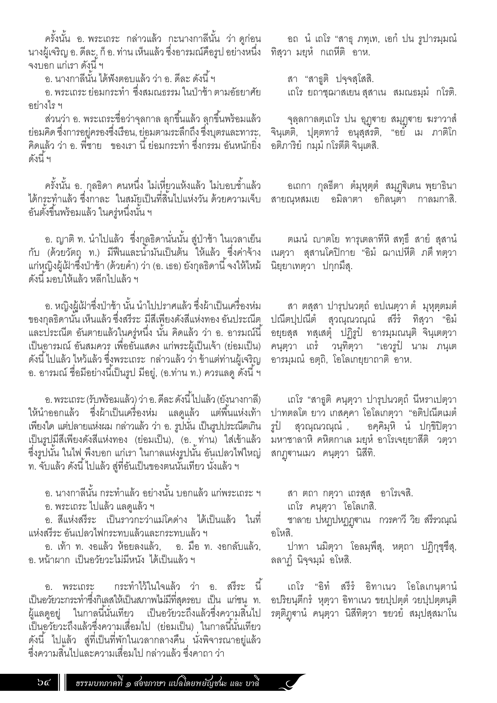 ธรรมบทภาคที่ ๑ สองภาษา แปลโดยพยัญชนะ และ บาลี
64
อถ นํ เถโร “สาธุ ภทฺเท, เอกํ ปน รูปารมฺมณํ
ทิสฺวา มยฺหํ กเถหีติ อาห.
สา “สาธูติ ปจฺจสฺโสสิ.
เถโร ยถาชฺฌาสเยน สุสาเน สมณธมฺมํ กโรติ.
จุลฺลกาลตฺเถโร ปน อุฏฺ€าย สมุฏฺ€าย ฆราวาสํ
จินฺเตติ, ปุตฺตทารํ อนุสฺสรติ, “อยํ เม ภาติโก
อติภาริยํ กมฺมํ กโรตีติ จินฺเตสิ.
อเถกา กุลธีตา ตํมุหุตฺตํ สมุฏฺ€ิเตน พฺยาธินา
สายณฺหสมเย อมิลาตา อกิลนฺตา กาลมกาสิ.
ตเมนํ าตโย ทารุเตลาทีหิ สทฺธึ สายํ สุสานํ
เนตฺวา สุสานโคปิกาย “อิมํ ฌาเปหีติ ภตึ ทตฺวา
นิยฺยาเทตฺวา ปกฺกมึสุ.
สา ตสฺสา ปารุปนวตฺถํ อปเนตฺวา ตํ มุหุตฺตมตํ
ปณีตปฺปณีตํ สุวณฺณวณฺณํ สรีรํ ทิสฺวา “อิมํ
อยฺยสฺส ทสฺเสตุํ ปฏิรูปํ อารมฺมณนฺติ จินฺเตตฺวา
คนฺตฺวา เถรํ วนฺทิตฺวา “เอวรูปํ นาม ภนฺเต
อารมฺมณํ อตฺถิ, โอโลเกยฺยาถาติ อาห.
เถโร “สาธูติ คนฺตฺวา ปารุปนวตฺถํ นีหราเปตฺวา
ปาทตลโต ยาว เกสคฺคา โอโลเกตฺวา “อติปณีตเมตํ
รูปํ สุวณฺณวณฺณํ , อคฺคิมฺหิ นํ ปกฺขิปิตฺวา
มหาชาลาหิ คหิตกาเล มยฺหํ อาโรเจยฺยาสีติ วตฺวา
สกฏฺ€านเมว คนฺตฺวา นิสีทิ.
สา ตถา กตฺวา เถรสฺส อาโรเจสิ.
เถโร คนฺตฺวา โอโลเกสิ.
ชาลาย ปหฏปหฏฏฺ€าเน กวรคาวี วิย สรีรวณฺณํ
อโหสิ.
ปาทา นมิตฺวา โอลมฺพึสุ, หตฺถา ปฏิกุชฺชึสุ,
ลลาฏํ นิจฺจมฺมํ อโหสิ.
เถโร “อิทํ สรีรํ อิทาเนว โอโลเกนฺตานํ
อปริยนฺตีกรํ หุตฺวา อิทาเนว ขยปฺปตฺตํ วยปฺปตฺตนฺติ
รตฺติฏฺ€านํ คนฺตฺวา นิสีทิตฺวา ขยวยํ สมฺปสฺสมาโน
ครั้งนั้น อ. พระเถระ กล่าวแล้ว กะนางกาลีนั้น ว่า ดูก่อน
นางผู้เจริญอ.ดีละ,ก็อ.ท่านเห็นแล้วซึ่งอารมณ์คือรูปอย่างหนึ่ง
จงบอก แก่เรา ดังนี้ฯ
อ. นางกาลีนั้น ได้ฟังตอบแล้ว ว่า อ. ดีละ ดังนี้ฯ
อ.พระเถระย่อมกระท�ำ ซึ่งสมณธรรมในป่าช้าตามอัธยาศัย
อย่างไร ฯ
ส่วนว่า อ. พระเถระชื่อว่าจุลกาล ลุกขึ้นแล้ว ลุกขึ้นพร้อมแล้ว
ย่อมคิดซึ่งการอยู่ครองซึ่งเรือน,ย่อมตามระลึกถึงซึ่งบุตรและทาระ,
คิดแล้ว ว่า อ. พี่ชาย ของเรา นี้ย่อมกระท�ำ ซึ่งกรรม อันหนักยิ่ง
ดังนี้ฯ
	
ครั้งนั้น อ. กุลธิดา คนหนึ่ง ไม่เหี่ยวแห้งแล้ว ไม่บอบช�้ำแล้ว
ได้กระท�ำแล้ว ซึ่งกาละ ในสมัยเป็นที่สิ้นไปแห่งวัน ด้วยความเจ็บ
อันตั้งขึ้นพร้อมแล้ว ในครู่หนึ่งนั้น ฯ
อ. ญาติ ท. น�ำไปแล้ว ซึ่งกุลธิดานั่นนั้น สู่ป่าช้า ในเวลาเย็น
กับ (ด้วยวัตถุ ท.) มีฟืนและน�้ำมันเป็นต้น ให้แล้ว ซึ่งค่าจ้าง
แก่หญิงผู้เฝ
้ าซึ่งป่าช้า (ด้วยค�ำ) ว่า (อ. เธอ) ยังกุลธิดานี้จงให้ไหม้
ดังนี้มอบให้แล้ว หลีกไปแล้ว ฯ
อ. หญิงผู้เฝ
้ าซึ่งป่าช้า นั้น น�ำไปปราศแล้ว ซึ่งผ้าเป็นเครื่องห่ม
ของกุลธิดานั้นเห็นแล้วซึ่งสรีระ มีสีเพียงดังสีแห่งทองอันประณีต
และประณีต อันตายแล้วในครู่หนึ่ง นั้น คิดแล้ว ว่า อ. อารมณ์นี้
เป็นอารมณ์ อันสมควร เพื่ออันแสดง แก่พระผู้เป็นเจ้า (ย่อมเป็น)
ดังนี้ไปแล้ว ไหว้แล้ว ซึ่งพระเถระ กล่าวแล้ว ว่า ข้าแต่ท่านผู้เจริญ
อ. อารมณ์ ชื่อมีอย่างนี้เป็นรูป มีอยู่, (อ.ท่าน ท.) ควรแลดู ดังนี้ฯ
อ.พระเถระ(รับพร้อมแล้ว)ว่าอ.ดีละดังนี้ไปแล้ว(ยังนางกาลี)
ให้น�ำออกแล้ว ซึ่งผ้าเป็นเครื่องห่ม แลดูแล้ว แต่พื้นแห่งเท้า
เพียงใด แต่ปลายแห่งผม กล่าวแล้ว ว่า อ. รูปนั่น เป็นรูปประณีตเกิน
เป็นรูปมีสีเพียงดังสีแห่งทอง (ย่อมเป็น), (อ. ท่าน) ใส่เข้าแล้ว
ซึ่งรูปนั้น ในไฟ พึงบอก แก่เรา ในกาลแห่งรูปนั้น อันเปลวไฟใหญ่
ท. จับแล้ว ดังนี้ไปแล้ว สู่ที่อันเป็นของตนนั่นเทียว นั่งแล้ว ฯ
อ. นางกาลีนั้น กระท�ำแล้ว อย่างนั้น บอกแล้ว แก่พระเถระ ฯ
อ. พระเถระ ไปแล้ว แลดูแล้ว ฯ
อ. สีแห่งสรีระ เป็นราวกะว่าแม่โคด่าง ได้เป็นแล้ว ในที่
แห่งสรีระ อันเปลวไฟกระทบแล้วและกระทบแล้ว ฯ
อ. เท้า ท. งอแล้ว ห้อยลงแล้ว, อ. มือ ท. งอกลับแล้ว,
อ. หน้าผาก เป็นอวัยวะไม่มีหนัง ได้เป็นแล้ว ฯ
อ. พระเถระ กระท�ำไว้ในใจแล้ว ว่า อ. สรีระ นี้
เป็นอวัยวะกระท�ำซึ่งกิเลสให้เป็นสภาพไม่มีที่สุดรอบ เป็น แก่ชน ท.
ผู้แลดูอยู่ ในกาลนี้นั่นเทียว เป็นอวัยวะถึงแล้วซึ่งความสิ้นไป
เป็นอวัยวะถึงแล้วซึ่งความเสื่อมไป (ย่อมเป็น) ในกาลนี้นั่นเทียว
ดังนี้ ไปแล้ว สู่ที่เป็นที่พักในเวลากลางคืน นั่งพิจารณาอยู่แล้ว
ซึ่งความสิ้นไปและความเสื่อมไป กล่าวแล้ว ซึ่งคาถา ว่า
 