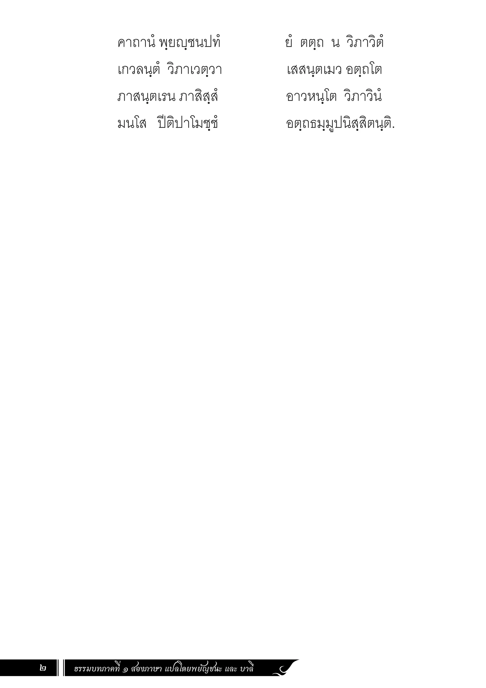 ธรรมบทภาคที่ ๑ สองภาษา แปลโดยพยัญชนะ และ บาลี
2
คาถานํ พฺยญฺชนปทํ ยํ ตตฺถ น วิภาวิตํ
เกวลนฺตํ วิภาเวตฺวา เสสนฺตเมว อตฺถโต
ภาสนฺตเรน ภาสิสฺสํ อาวหนฺโต วิภาวินํ
มนโส ปีติปาโมชฺชํ อตฺถธมฺมูปนิสฺสิตนฺติ.
 