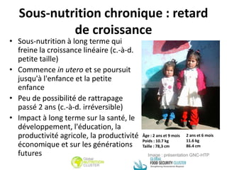Sous-nutrition chronique : retard
de croissance
• Sous-nutrition à long terme qui
freine la croissance linéaire (c.-à-d.
petite taille)
• Commence in utero et se poursuit
jusqu'à l'enfance et la petite
enfance
• Peu de possibilité de rattrapage
passé 2 ans (c.-à-d. irréversible)
• Impact à long terme sur la santé, le
développement, l'éducation, la
productivité agricole, la productivité
économique et sur les générations
futures
Âge : 2 ans et 9 mois
Poids : 10.7 kg
Taille : 78,3 cm
2 ans et 6 mois
11.6 kg
86.4 cm
Image : présentation GNC-HTP
 