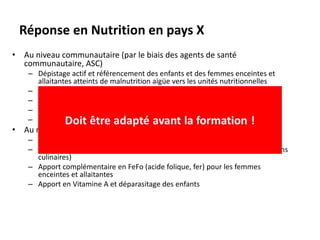 Réponse en Nutrition en pays X
• Au niveau communautaire (par le biais des agents de santé
communautaire, ASC)
– Dépistage actif et référencement des enfants et des femmes enceintes et
allaitantes atteints de malnutrition aigüe vers les unités nutritionnelles
– ANJE
– Suivi à domicile des enfants admis dans le programme nutritionnel.
– Groupes de soutien de mère à mère avec l'aide des ASC
– BSFP (programme de nutrition supplémentaire généralisé)
• Au niveau des établissements de santé (via les travailleurs de santé)
– Dépistage passif et Traitement MAS / MAM
– Conseils ANJE, espaces ANJE (espace d’allaitement maternel, démonstrations
culinaires)
– Apport complémentaire en FeFo (acide folique, fer) pour les femmes
enceintes et allaitantes
– Apport en Vitamine A et déparasitage des enfants
 