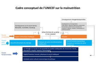 Cadre conceptuel de l'UNICEF sur la malnutrition
Contexte socio-culturel, économique et politique
Capital financier, humain, physique et social inadéquat
Le ménage a un accès à une quantité et qualité inadéquates de ressources: terres,
éducations, emploi, revenus, technologie
Sécurité alimentaire du ménage
Environnement domestique
insalubre et services de santé
inadéquats
Apport alimentaire inadéquat Maladie
DÉNUTRITION DE LA MÈRE
ET DE L’ENFANT
Conséquences sur le court terme:
Mortalité, morbidité, handicap
Conséquences sur le long terme:
Taille adulte, capacités cognitives, productivité
économique, performance reproductrice,
surpoids et obésité, maladies métaboliques et
cardiovasculaires
Conséquences intergénérationnelles
Pratiques de soins et d’alimentation
inadéquates
Causes
fondamentales
Causes
sous-
jacents
Causes
immédiates
 