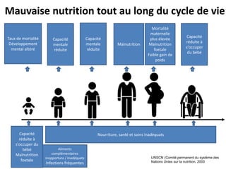 Mauvaise nutrition tout au long du cycle de vie
Taux de mortalité
Développement
mental altéré
Capacité
mentale
réduite
Capacité
mentale
réduite
Mortalité
maternelle
plus élevée
Malnutrition
foetale
Faible gain de
poids
Capacité
réduite à
s'occuper
du bébé
Capacité
réduite à
s'occuper du
bébé
Malnutrition
foetale
Aliments
complémentaires
inopportuns / inadéquats
Infections fréquentes
Nourriture, santé et soins inadéquats
Malnutrition
UNSCN (Comité permanent du système des
Nations Unies sur la nutrition, 2000
 