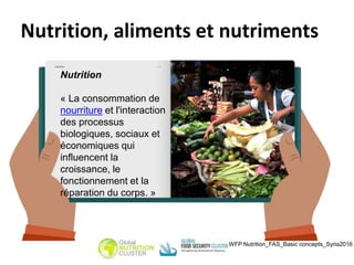 Nutrition
« La consommation de
nourriture et l'interaction
des processus
biologiques, sociaux et
économiques qui
influencent la
croissance, le
fonctionnement et la
réparation du corps. »
Nutrition, aliments et nutriments
WFP Nutrition_FAS_Basic concepts_Syria2016
 