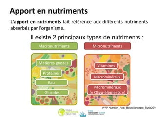 Apport en nutriments
L'apport en nutriments fait référence aux différents nutriments
absorbés par l'organisme.
Matières grasses
Protéines
Glucides
Eau
Macronutriments Micronutriments
Vitamines
Macrominéraux
Microminéraux
(« Oligo-éléments »)
Il existe 2 principaux types de nutriments :
WFP Nutrition_FAS_Basic concepts_Syria2016
 
