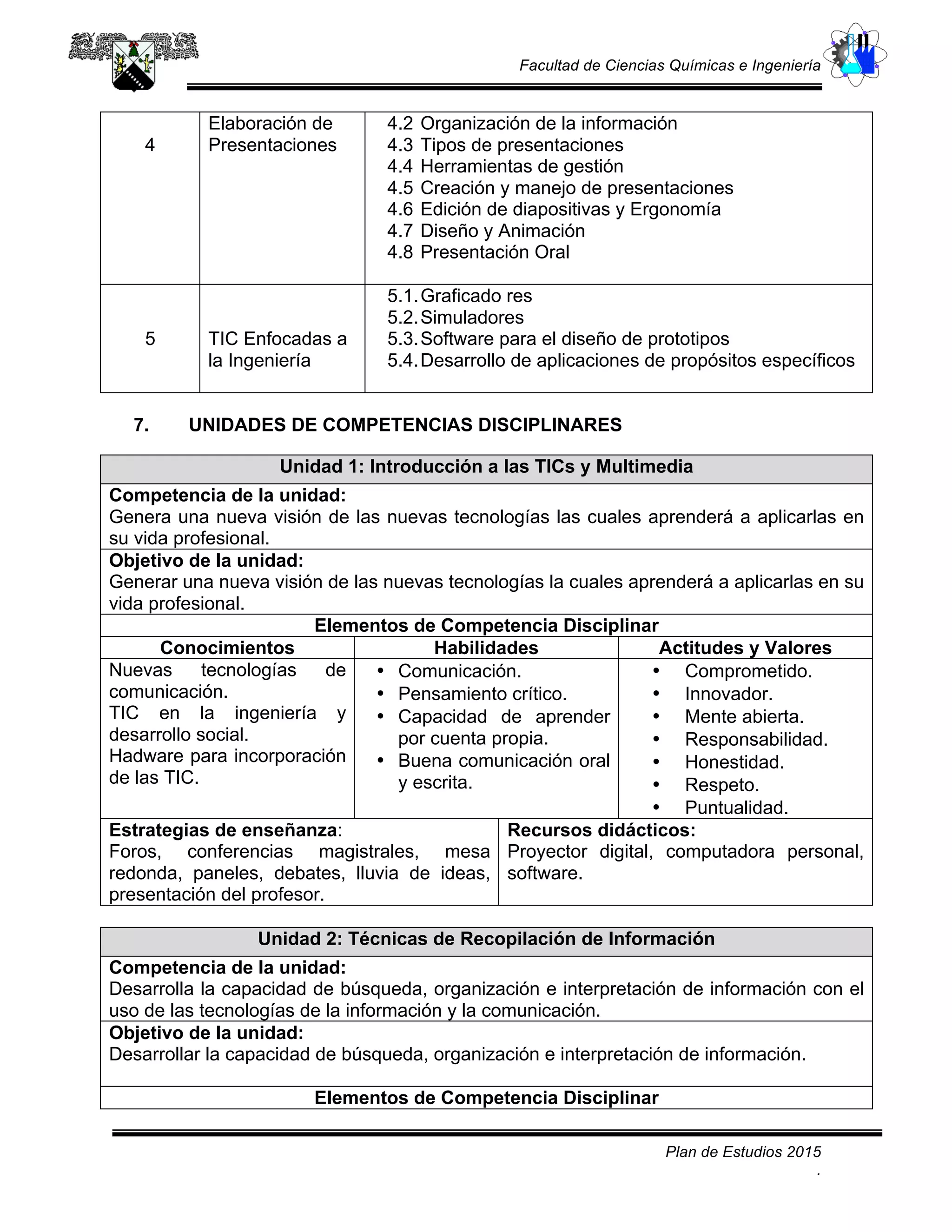 Facultad de Ciencias Químicas e Ingeniería
Plan de Estudios 2015
.
4
Elaboración de
Presentaciones
4.2 Organización de la información
4.3 Tipos de presentaciones
4.4 Herramientas de gestión
4.5 Creación y manejo de presentaciones
4.6 Edición de diapositivas y Ergonomía
4.7 Diseño y Animación
4.8 Presentación Oral
5 TIC Enfocadas a
la Ingeniería
5.1.Graficado res
5.2.Simuladores
5.3.Software para el diseño de prototipos
5.4.Desarrollo de aplicaciones de propósitos específicos
7. UNIDADES DE COMPETENCIAS DISCIPLINARES
Unidad 1: Introducción a las TICs y Multimedia
Competencia de la unidad:
Genera una nueva visión de las nuevas tecnologías las cuales aprenderá a aplicarlas en
su vida profesional.
Objetivo de la unidad:
Generar una nueva visión de las nuevas tecnologías la cuales aprenderá a aplicarlas en su
vida profesional.
Elementos de Competencia Disciplinar
Conocimientos Habilidades Actitudes y Valores
Nuevas tecnologías de
comunicación.
TIC en la ingeniería y
desarrollo social.
Hadware para incorporación
de las TIC.
• Comunicación.
• Pensamiento crítico.
• Capacidad de aprender
por cuenta propia.
• Buena comunicación oral
y escrita.
• Comprometido.
• Innovador.
• Mente abierta.
• Responsabilidad.
• Honestidad.
• Respeto.
• Puntualidad.
Estrategias de enseñanza:
Foros, conferencias magistrales, mesa
redonda, paneles, debates, lluvia de ideas,
presentación del profesor.
Recursos didácticos:
Proyector digital, computadora personal,
software.
Unidad 2: Técnicas de Recopilación de Información
Competencia de la unidad:
Desarrolla la capacidad de búsqueda, organización e interpretación de información con el
uso de las tecnologías de la información y la comunicación.
Objetivo de la unidad:
Desarrollar la capacidad de búsqueda, organización e interpretación de información.
Elementos de Competencia Disciplinar
 