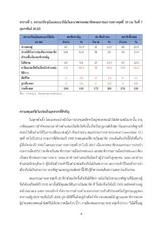 4
ตารางที่ 1: สถานะปัจจุบันและแนวโน้มในอนาคตของสมาชิกคณะกรรมการกลางชุดที่ 19 (ณ วันที่ 7
กุมภาพันธ์ 2022)
สถานะปัจจุบันและแนวโน้มใน
อนาคต
สมาชิกสามัญ สมาชิกสารอง สมาชิกทั้งหมด
จานวน % จานวน % จานวน %
น่าจะคงอยู่ 65 31.9 21 12.2 86 22.9
น่าจะได้รับการส่งเสริมจากสมาชิก
สารองขึ้นเป็นสมาชิกสามัญ
N/A N/A 43 25 43 11.4
ไม่ชัดเจน 20 9.8 27 15.7 47 12.5
เกษียณพอดีหรือเลื่อนไปตาแหน่ง
พิธีการ
115 56.3 78 45.3 193 51.3
เสียชีวิต 2 1.0 2 1.2 4 1.1
ถูกปรับออก 2 1.0 1 0.6 3 0.8
รวมทั้งหมด 204 100 172 100 276 100
ที่มา : Cheng Li , Brookings Institution.
ความคลุมเครือในประเด็นบุคลากรที่สาคัญ
ในยุคหลังเติ้ง โดยเฉพาะอย่างยิ่งในการประชุมสมัชชาใหญ่พรรคคอมมิวนิสต์สามสมัยแรกนั้น อายุ
เกษียณและการจากัดระยะเวลาดารงตาแหน่งเป็นข้อบังคับนั้น ถือเป็นกฎเกณฑ์เชิงสถาบันและบรรทัดฐานที่
ครอบไว้เพื่อนามาใช้ในการเปลี่ยนแปลงผู้นา ตัวอย่างเช่น คณะกรรมการกลาง(Central Committee: CC)
ชุดที่ 18 ในปี 2012 กรรมการที่เกิดก่อนปี 1945 ขาดคุณสมบัติการเป็นสมาชิก ประเด็นเดียวกันนี้ก็เกิดขึ้นกับ
ผู้ที่เกิดก่อนปี 1950 ในคณะกรรมการกลางชุดที่ 19 ในปี 2017 เนื่องจากสมาชิกคณะกรรมการประจา
กรมการเมือง(PSC) จะต้องเป็นสมาชิกกรมการเมือง(Politburo) และสมาชิกกรมการเมือง(Politburo) ต้อง
เป็นสมาชิกคณะกรรมการกลาง ระยะเวลาดารงตาแหน่งจึงมีผลกับผู้นาระดับสูงทุกคน ระยะเวลาดารง
ตาแหน่งยังระบุด้วยว่า ผู้นาต้องมีวาระห้าปีในตาแหน่งเดียวกันไม่เกินสองวาระ และวาระห้าปีในระดับการนา
เดียวกันไม่เกินสามวาระ บรรทัดฐานและกฎเกณฑ์เหล่านี้ให้รับรู้ถึงความคงเส้นคงวาและความเป็นธรรม
คณะกรรมการกลางชุดที่ 20 ที่กาลังจะเกิดขึ้นจึงเห็นได้ชัดว่า จะไม่เป็นไปตามบรรทัดฐานที่มีเฉพาะผู้
ที่เกิดในหรือหลังปี 1955 เท่านั้นที่มีคุณสมบัติในการเป็นสมาชิก สี จิ้นผิง ซึ่งเกิดในปี 1953 จะยังคงดารงอยู่
ต่อไปแน่นอน และการยกเลิกจากัดวาระการดารงตาแหน่งประธานาธิบดีประเทศในรัฐธรรมนูญของ
สาธารณรัฐประชาชนจีนในปี 2018 ปูทางให้สีจิ้นผิงอยู่เกินขีดจากัดวาระสองสมัยในฐานะเลขาธิการพรรค
ผู้นาของพรรคคอมมิวนิสต์จีนได้ประกาศเมื่อเร็วๆ นี้ว่า การเลือกคณะกรรมการกลางชุดที่ 20 จะ “ไม่ได้ขึ้นอยู่
 