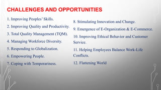 CHALLENGES AND OPPORTUNITIES
1. Improving Peoples’ Skills.
2. Improving Quality and Productivity.
3. Total Quality Management (TQM).
4. Managing Workforce Diversity.
5. Responding to Globalization.
6. Empowering People.
7. Coping with Temporariness.
8. Stimulating Innovation and Change.
9. Emergence of E-Organization & E-Commerce.
10. Improving Ethical Behavior and Customer
Service.
11. Helping Employees Balance Work-Life
Conflicts.
12. Flattening World
 