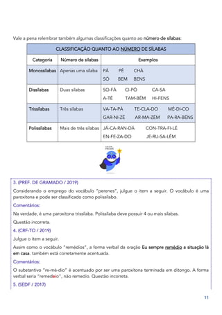 11
Vale a pena relembrar também algumas classificações quanto ao número de sílabas:
CLASSIFICAÇÃO QUANTO AO NÚMERO DE SÍLABAS
Categoria Número de sílabas Exemplos
Monossílabas Apenas uma sílaba PÁ PÉ CHÁ
SÓ BEM BENS
Dissílabas Duas sílabas SO-FÁ CI-PÓ CA-SA
A-TÉ TAM-BÉM HI-FENS
Trissílabas Três sílabas VA-TA-PÁ TE-CLA-DO MÉ-DI-CO
GAR-NI-ZÉ AR-MA-ZÉM PA-RA-BÉNS
Polissílabas Mais de três sílabas JÁ-CA-RAN-DÁ CON-TRA-FI-LÉ
EN-FE-ZA-DO JE-RU-SA-LÉM
3. (PREF. DE GRAMADO / 2019)
Considerando o emprego do vocábulo “perenes”, julgue o item a seguir. O vocábulo é uma
paroxítona e pode ser classificado como polissílabo.
Comentários:
Na verdade, é uma paroxítona trissílaba. Polissílaba deve possuir 4 ou mais sílabas.
Questão incorreta.
4. (CRF-TO / 2019)
Julgue o item a seguir.
Assim como o vocábulo “remédios”, a forma verbal da oração Eu sempre remédio a situação lá
em casa. também está corretamente acentuada.
Comentários:
O substantivo “re-mé-dio” é acentuado por ser uma paroxítona terminada em ditongo. A forma
verbal seria “remedeio”, não remedio. Questão incorreta.
5. (SEDF / 2017)
 