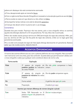 29
palavra em destaque não está corretamente acentuada:
a) Ficou decepcionado após ver tamanha feiura.
b) Com a vigência do Novo Acordo Ortográfico é necessária muita atenção quanto ao uso do hífen.
c) Nunca soube os casos em que deveria ou não utilizar os hifens.
d) Acompanhar tantas notícias ruins está te deixando paranóico.
e) Crianças não devem entrar na piscina sem o uso de boia.
Comentários:
Questão boa para revisão. Paranoico não traz acento, pois a nova ortografia retirou os acentos
agudos dos ditongos abertos Éi e Ói nas paroxítonas. Por isso, Boia não é acentuada.
Hifens não recebe acento porque termina em ENS (terminação da regra das oxítonas). Hífen, por
sua vez, termina em EN, que não faz parte da regra das oxítonas, então cai na regra geral das
paroxítonas acentuadas.
FEi-u-ra está numa exceção da regra do hiato (após ditongo decrescente em paroxítona). Bastava
saber que não recebe acento. Gabarito letra D.
ACENTOS DIFERENCIAIS
A maioria dos acentos diferenciais caiu com o advento definitivo da nova ortografia. Não aconselho
nem mencionar como era antes, para não confundir. Guarde estes que permaneceram válidos com
a nova ortografia e saiba que qualquer outro constituirá desvio da norma culta.
Forma escrita Explicação Exemplo
Pôde 3ª pessoa do singular do
pretérito perfeito do indicativo
do verbo PODER
Ele não pôde comparecer à festa
ontem.
Pode 3ª pessoa do singular do
presente do indicativo do verbo
PODER
Ela não pode comparecer agora.
Pôr Forma verbal A galinha não quer pôr ovos.
Por Preposição A saída é por aqui.
Acentos que marcam diferença de número (singular e plural)
Tem Verbo TER flexionado na 3a
pessoa singular do presente do
indicativo
Ele tem muitas amigos.
 