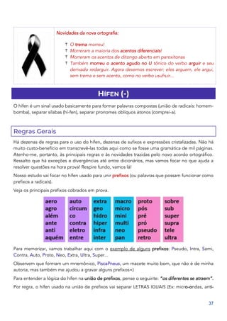 37
Novidades da nova ortografia:
O trema morreu!
Morreram a maioria dos acentos diferenciais!
Morreram os acentos de ditongo aberto em paroxítonas
Também morreu o acento agudo no U tônico do verbo arguir e seu
derivado redarguir. Agora devemos escrever: eles arguem, ele argui,
sem trema e sem acento, como no verbo usufruir...
HÍFEN (-)
O hífen é um sinal usado basicamente para formar palavras compostas (união de radicais: homem-
bomba), separar sílabas (hí-fen), separar pronomes oblíquos átonos (comprei-a).
Regras Gerais
Há dezenas de regras para o uso do hífen, dezenas de sufixos e expressões cristalizadas. Não há
muito custo-benefício em transcrevê-las todas aqui como se fosse uma gramática de mil páginas.
Atenho-me, portanto, às principais regras e às novidades trazidas pelo novo acordo ortográfico.
Ressalto que há exceções e divergências até entre dicionários, mas vamos focar no que ajuda a
resolver questões na hora prova! Respire fundo, vamos lá!
Nosso estudo vai focar no hífen usado para unir prefixos (ou palavras que possam funcionar como
prefixos a radicais).
Veja os principais prefixos cobrados em prova.
Para memorizar, vamos trabalhar aqui com o exemplo de alguns prefixos: Pseudo, Intra, Semi,
Contra, Auto, Proto, Neo, Extra, Ultra, Super...
Observem que formam um mnemônico, PiscaPneus, um macete muito bom, que não é de minha
autoria, mas também me ajudou a gravar alguns prefixos=)
Para entender a lógica do hífen na união de prefixos, pense o seguinte: “os diferentes se atraem”.
Por regra, o hífen usado na união de prefixos vai separar LETRAS IGUAIS (Ex: micro-ondas, anti-
 