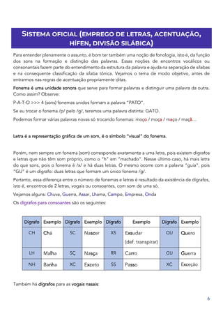 6
SISTEMA OFICIAL (EMPREGO DE LETRAS, ACENTUAÇÃO,
HÍFEN, DIVISÃO SILÁBICA)
Para entender plenamente o assunto, é bom ter também uma noção de fonologia, isto é, da função
dos sons na formação e distinção das palavras. Essas noções de encontros vocálicos ou
consonantais fazem parte do entendimento da estrutura da palavra e ajuda na separação de sílabas
e na consequente classificação da sílaba tônica. Vejamos o tema de modo objetivo, antes de
entrarmos nas regras de acentuação propriamente ditas.
Fonema é uma unidade sonora que serve para formar palavras e distinguir uma palavra da outra.
Como assim? Observe:
P-A-T-O >>> 4 (sons) fonemas unidos formam a palavra “PATO”.
Se eu trocar o fonema /p/ pelo /g/, teremos uma palavra distinta: GATO.
Podemos formar várias palavras novas só trocando fonemas: moço / moça / maço / maçã…
Letra é a representação gráfica de um som, é o símbolo “visual” do fonema.
Porém, nem sempre um fonema (som) corresponde exatamente a uma letra, pois existem dígrafos
e letras que não têm som próprio, como o “h” em “machado”. Nesse último caso, há mais letra
do que sons, pois o fonema é /x/ e há duas letras. O mesmo ocorre com a palavra “guia”, pois
“GU” é um dígrafo: duas letras que formam um único fonema /g/.
Portanto, essa diferença entre o número de fonemas e letras é resultado da existência de dígrafos,
isto é, encontros de 2 letras, vogais ou consoantes, com som de uma só.
Vejamos alguns: Chuva, Guerra, Assar, Lhama, Campo, Empresa, Onda
Os dígrafos para consoantes são os seguintes:
Dígrafo Exemplo Dígrafo Exemplo Dígrafo Exemplo Dígrafo Exemplo
CH Chá SC Nascer XS Exsudar
(def. transpirar)
QU Quero
LH Malha SÇ Nasça RR Carro GU Guerra
NH Banha XC Exceto SS Passo XC Exceção
Também há dígrafos para as vogais nasais:
 