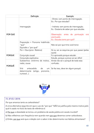 63
Definição Exemplo
POR QUE
Interrogação
- Direta: com ponto de interrogação.
Ex.: Por que estudas?
- Indireta: sem ponto de interrogação.
Ex.: Gostaria de saber por que estudas.
Observação: antes de pontuação virá
acentuado.
Ex.: Estudas tanto por quê?
Preposição + Pronome Indefinido
"que"
Equivale a "por qual"
Não sei por que time você torce
Por + Que (pron. Relativo) Só eu sei as esquinas por que passei (pelas
quais)
PORQUE Conjunção causal Fui aprovado porque estudei.
Conjunção explicativa Estude, porque a prova vai ser difícil
PORQUÊ
Substantivo: sinônimo de motivo,
razão, causa.
Virá antecedido de um
determinante (artigo, pronome,
numeral...)
Ainda não sei o porquê de toda essa
confusão.
Se fez isso, deve ter algum porquê.
73. (IF-ES / 2019)
Por que amamos tanto os carboidratos?
A única alternativa seguinte em que o uso do “por que” NÃO se justifica pelo mesmo motivo pelo
qual é usado no título do texto de referência é:
a) Por que a obesidade se tornou um problema de saúde pública em escala mundial?
b) Não refletimos com frequência nem quando nem por que devemos comer carboidratos.
c) Então, por que será que a relação com o sabor é tão determinante nos hábitos alimentares?
 