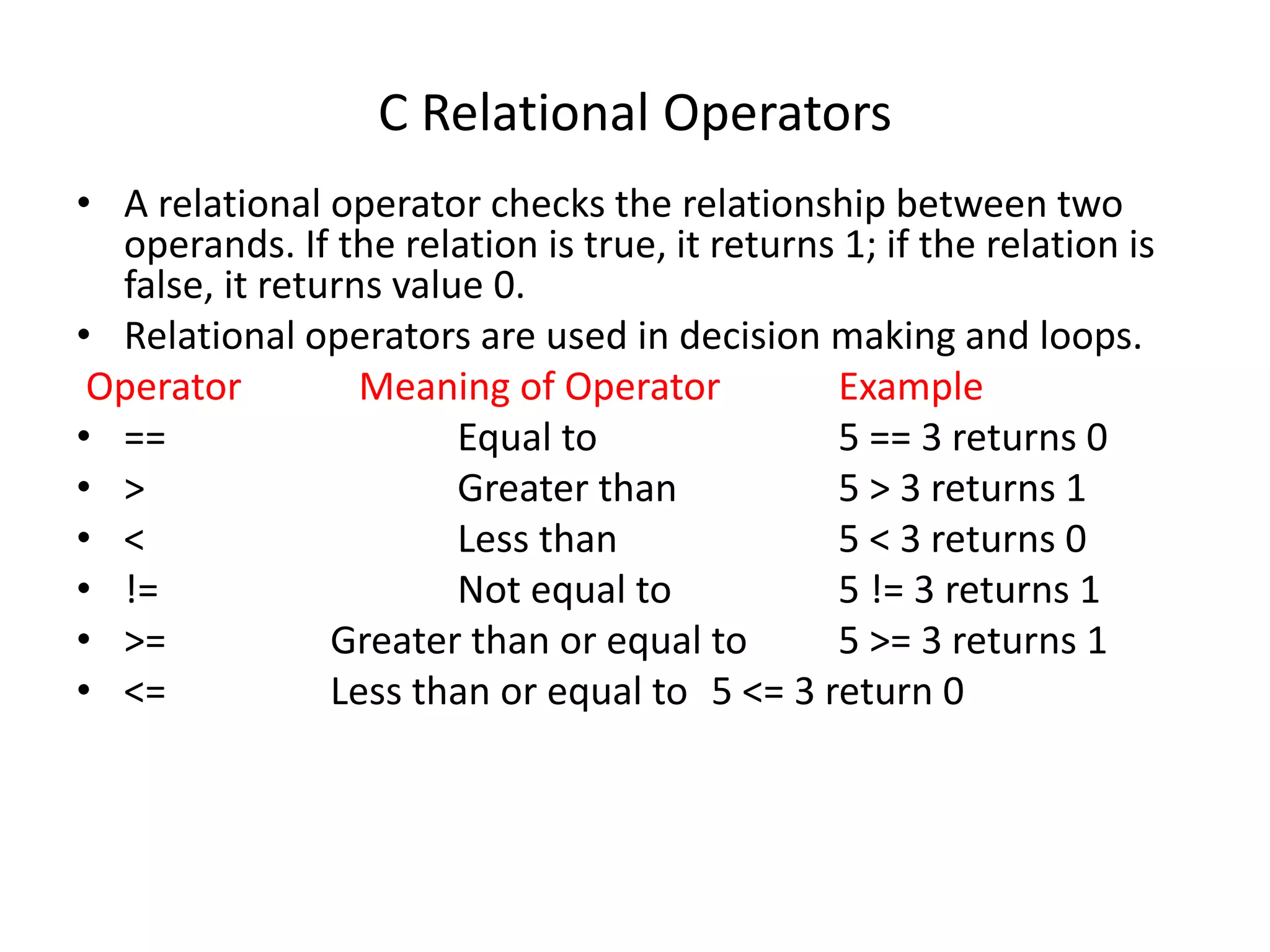 C Relational Operators
• A relational operator checks the relationship between two
operands. If the relation is true, it returns 1; if the relation is
false, it returns value 0.
• Relational operators are used in decision making and loops.
Operator Meaning of Operator Example
• == Equal to 5 == 3 returns 0
• > Greater than 5 > 3 returns 1
• < Less than 5 < 3 returns 0
• != Not equal to 5 != 3 returns 1
• >= Greater than or equal to 5 >= 3 returns 1
• <= Less than or equal to 5 <= 3 return 0
 