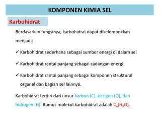 KOMPONEN KIMIA SEL
Karbohidrat
Berdasarkan fungsinya, karbohidrat dapat dikelompokkan
menjadi:
 Karbohidrat sederhana sebagai sumber energi di dalam sel
 Karbohidrat rantai panjang sebagai cadangan energi
 Karbohidrat rantai panjang sebagai komponen struktural
organel dan bagian sel lainnya.
Karbohidrat terdiri dari unsur karbon (C), oksigen (O), dan
hidrogen (H). Rumus molekul karbohidrat adalah Cn(H2O)n.
 
