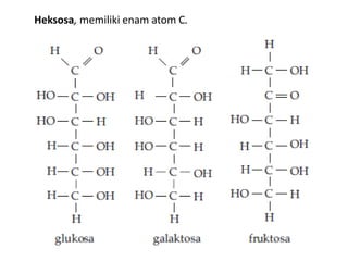 Heksosa, memiliki enam atom C.
 