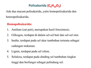 Ada dua macam polisakarida, yaitu homopolisakarida dan
heteropolisakarida.
Homopolisakarida:
1. Amilum (zat pati), merupakan hasil fotosintesis.
2. Glikogen, terdapat di dalam sel-sel hati dan sel-sel otot.
3. Inulin, terdapat pada sel akar tumbuhan tertentu sebagai
cadangan makanan.
4. Lignin, terdapat pada sel xilem.
5. Selulosa, terdapat pada dinding sel tumbuhan tingkat
tinggi dan berfungsi sebagai pelindung sel.
Polisakarida (C6H10O5)
 