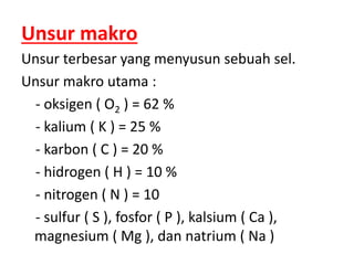 Unsur makro
Unsur terbesar yang menyusun sebuah sel.
Unsur makro utama :
- oksigen ( O2 ) = 62 %
- kalium ( K ) = 25 %
- karbon ( C ) = 20 %
- hidrogen ( H ) = 10 %
- nitrogen ( N ) = 10
- sulfur ( S ), fosfor ( P ), kalsium ( Ca ),
magnesium ( Mg ), dan natrium ( Na )
 