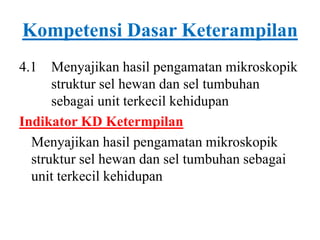 Kompetensi Dasar Keterampilan
4.1 Menyajikan hasil pengamatan mikroskopik
struktur sel hewan dan sel tumbuhan
sebagai unit terkecil kehidupan
Indikator KD Ketermpilan
Menyajikan hasil pengamatan mikroskopik
struktur sel hewan dan sel tumbuhan sebagai
unit terkecil kehidupan
 