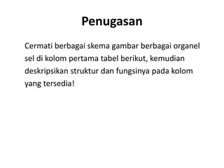 Penugasan
Cermati berbagai skema gambar berbagai organel
sel di kolom pertama tabel berikut, kemudian
deskripsikan struktur dan fungsinya pada kolom
yang tersedia!
 