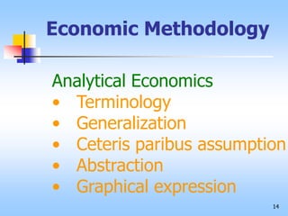14
Analytical Economics
• Terminology
• Generalization
• Ceteris paribus assumption
• Abstraction
• Graphical expression
Economic Methodology
 