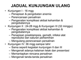 JADUAL KUNJUNGAN ULANG
• Kunjungan I : 16 mgg
– Penapisan & pengobatan anemia
– Perencanaan persalinan
– Pengenalan komplikasi akibat kehamilan &
pengobatannya
• Kunjungan II : 24-28 mgg & Kunjungan III (32 minggu)
– Pengenalan komplikasi akibat kehamilan &
pengobatannya
– Penapisan preeklampsia, gemelli, infeksi alat
reproduksi dan saluran perkemihan
– Mengulang perencanaan persalinan
• Kunjungan IV: 36 migg sampai lahir
– Sama seperti kegiatan kunjungan II dan III
– Mengenali adanya kelainan letak dan presentasi
– Memantapkan rencana persalinan
– Mengenali tanda-tanda persalinan
 