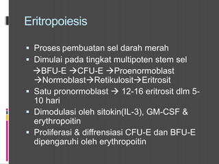 Eritropoiesis
 Proses pembuatan sel darah merah
 Dimulai pada tingkat multipoten stem sel
BFU-E CFU-E Proenormoblast
NormoblastRetikulositEritrosit
 Satu pronormoblast  12-16 eritrosit dlm 5-
10 hari
 Dimodulasi oleh sitokin(IL-3), GM-CSF &
erythropoitin
 Proliferasi & diffrensiasi CFU-E dan BFU-E
dipengaruhi oleh erythropoitin
 