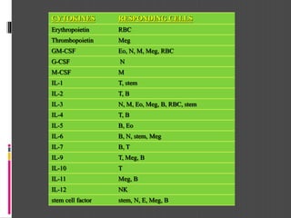 CYTOKINES RESPONDING CELLS
Erythropoietin RBC
Thrombopoietin Meg
GM-CSF Eo, N, M, Meg, RBC
G-CSF N
M-CSF M
IL-1 T, stem
IL-2 T, B
IL-3 N, M, Eo, Meg, B, RBC, stem
IL-4 T, B
IL-5 B, Eo
IL-6 B, N, stem, Meg
IL-7 B, T
IL-9 T, Meg, B
IL-10 T
IL-11 Meg, B
IL-12 NK
stem cell factor stem, N, E, Meg, B
 