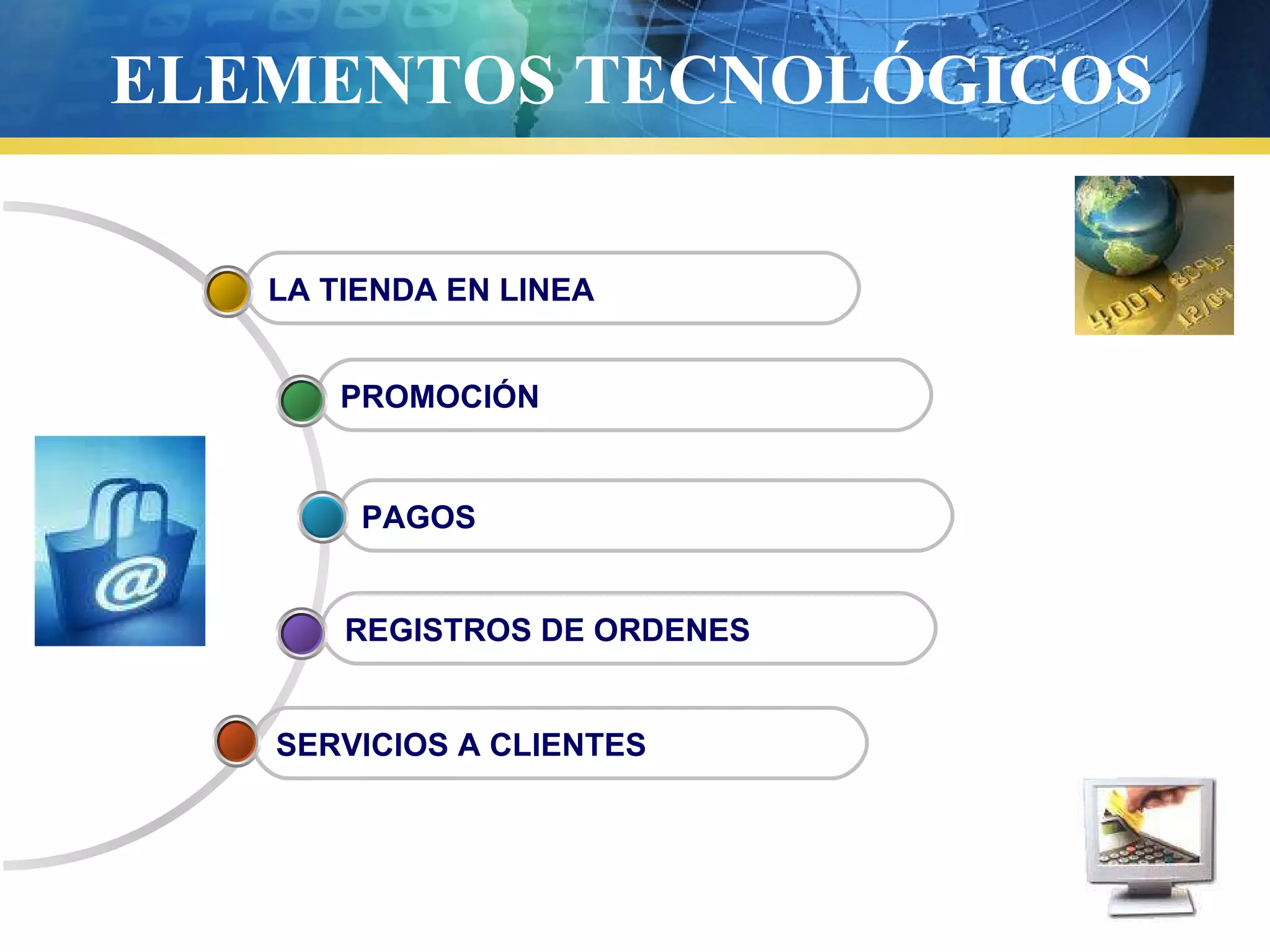 ELEMENTOS TECNOLÓGICOS
SERVICIOS A CLIENTES
REGISTROS DE ORDENES
PAGOS
PROMOCIÓN
LA TIENDA EN LINEA
 
