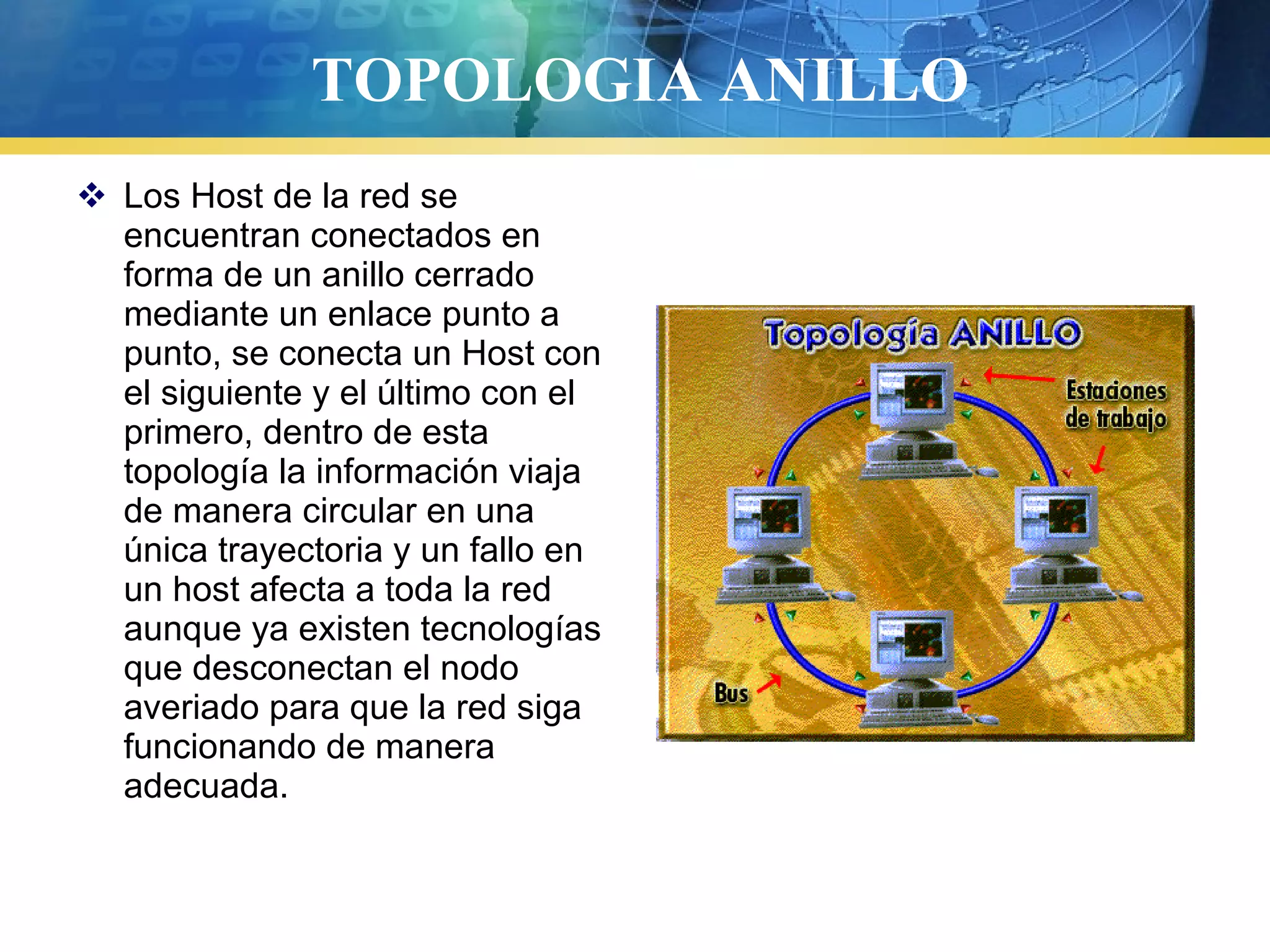 TOPOLOGIA ANILLO
 Los Host de la red se
encuentran conectados en
forma de un anillo cerrado
mediante un enlace punto a
punto, se conecta un Host con
el siguiente y el último con el
primero, dentro de esta
topología la información viaja
de manera circular en una
única trayectoria y un fallo en
un host afecta a toda la red
aunque ya existen tecnologías
que desconectan el nodo
averiado para que la red siga
funcionando de manera
adecuada.
 
