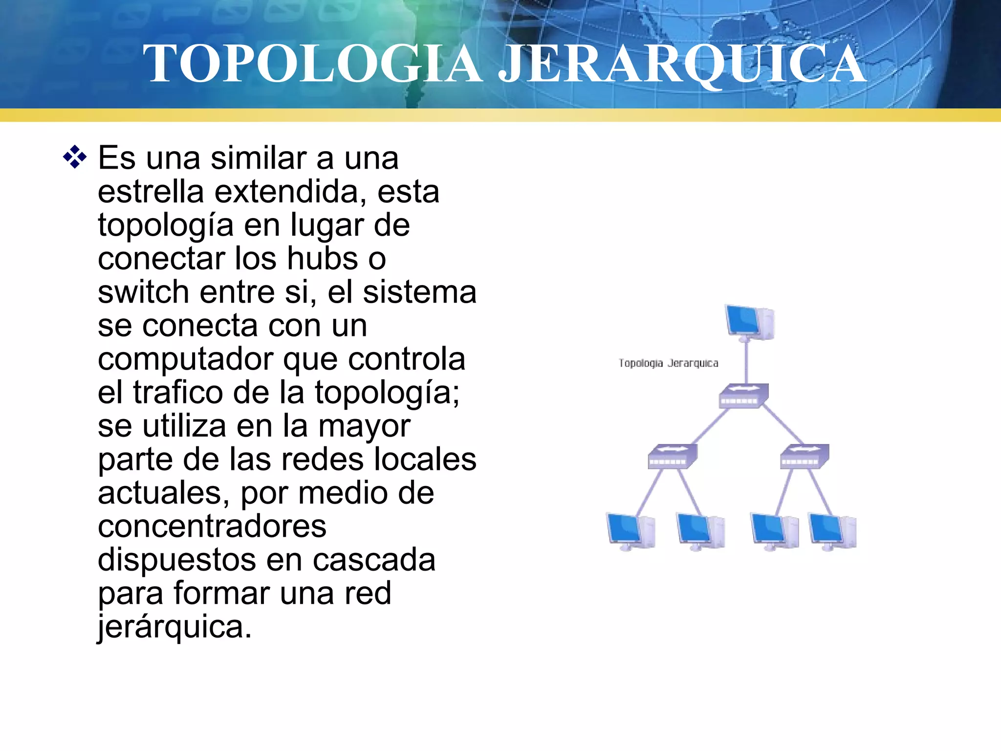 TOPOLOGIA JERARQUICA
 Es una similar a una
estrella extendida, esta
topología en lugar de
conectar los hubs o
switch entre si, el sistema
se conecta con un
computador que controla
el trafico de la topología;
se utiliza en la mayor
parte de las redes locales
actuales, por medio de
concentradores
dispuestos en cascada
para formar una red
jerárquica.
 