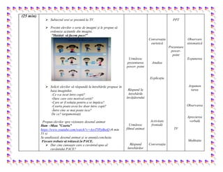 (25 min)
 Subiectul orei se prezintă la TV.
 Prezint elevilor o serie de imagini și le propun să
ordoneze acțiunile din imagini.
”Haideți să facem pace!”
 Solicit elevilor să răspundă la întrebările propuse în
baza imaginilor.
-Ce s-a iscat între copii?
-Oare care este motivul cerții?
-Care ar fi soluția pentru a se împăca?
-Cearta poate avea loc doar între copii?
-Între cine se mai poate isca?
De ce? (argumentați)
Propun elevilor spre vizionare desenul animat
Ham –Miau ”Cearta”
https://www.youtube.com/watch?v=AsvTYPpBseQ (6 min
51 s)
Se analizează desenul animat și se anunță concluzia.
Fiecare trebuie să trăiască în PACE.
 Dar cine cunoaște care e cuvântul opus al
cuvântului PACE?
Urmăresc
prezentarea
power- point
Răspund la
întrebările
învățătorului
Urmăresc
filmul animat
Răspund
întrebărilor
Conversația
euristică
Analiza
Explicația
Activitate
frontală
Conversația
PPT
Prezentare
power-
point
TV
Observare
sistematică
Expunerea
Argumen
tarea
Observarea
Aprecierea
verbală
Meditația
 