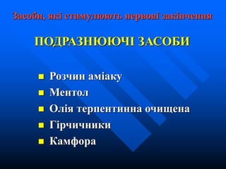 Засоби, які стимулюють нервові закінчення
ПОДРАЗНЮЮЧІ ЗАСОБИ
 Розчин аміаку
 Ментол
 Олія терпентинна очищена
 Гірчичники
 Камфора
 