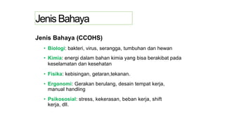 JenisBahaya
Jenis Bahaya (CCOHS)
• Biologi: bakteri, virus, serangga, tumbuhan dan hewan
• Kimia: energi dalam bahan kimia yang bisa berakibat pada
keselamatan dan kesehatan
• Fisika: kebisingan, getaran,tekanan.
• Ergonomi: Gerakan berulang, desain tempat kerja,
manual handling
• Psikososial: stress, kekerasan, beban kerja, shift
kerja, dll.
 