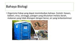 Bahaya Biologi
• Organisme hidup yang dapat menimbulkan bahaya. Contoh: hewan,
bakteri, virus, serangga, patogen yang ditularkan melalui darah,
makanan yang tidak ditangani dengan benar, air yang terkontaminasi
 