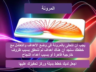 ‫المرونة‬
‫وضع‬ ‫في‬ ‫بالمرونة‬ ‫تتحلى‬ ‫أن‬ ‫يجب‬
‫والتعامل‬ ‫األهداف‬
‫مع‬
‫خططك‬
‫ستجد‬
‫أهداف‬ ‫هناك‬ ‫أن‬
‫تتحقق‬ ‫لم‬
‫ظروف‬ ‫بسبب‬
‫بسبب‬ ‫أو‬ ‫قاهرة‬ ‫خارجية‬
‫النجاح‬ ‫أعداء‬
‫عليها‬ ‫تحفيزك‬ ‫وركز‬ ‫بديلة‬ ‫خطط‬ ‫لديك‬ ‫اجعل‬
 