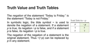 Truth Value and Truth Tables
The negation of the statement “Today is Friday.” is
the statement “Today is not Friday.”
In symbolic logic, the tilde symbol ~ is used to
denote the negation of a statement. If a statement
p is true, its negation ~p is false, and if a statement
p is false, its negation ~p is true.
The negation of the negation of a statement is the
original statement. Thus ~(~p) can be replaced by
p in any statement.
 