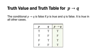 Truth Value and Truth Table for 𝒑 → 𝒒
The conditional 𝑝 → 𝑞 is false if p is true and q is false. It is true in
all other cases.
 