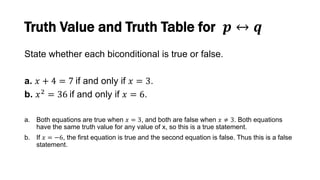 Truth Value and Truth Table for 𝒑 ↔ 𝒒
State whether each biconditional is true or false.
a. 𝑥 + 4 = 7 if and only if 𝑥 = 3.
b. 𝑥2 = 36 if and only if 𝑥 = 6.
a. Both equations are true when 𝑥 = 3, and both are false when 𝑥 ≠ 3. Both equations
have the same truth value for any value of x, so this is a true statement.
b. If 𝑥 = −6, the first equation is true and the second equation is false. Thus this is a false
statement.
 
