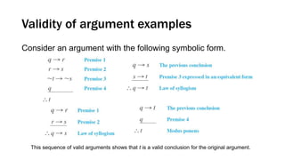 Validity of argument examples
Consider an argument with the following symbolic form.
This sequence of valid arguments shows that t is a valid conclusion for the original argument.
 