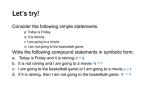 Let’s try!
Consider the following simple statements.
p: Today is Friday.
q: It is raining.
r: I am going to a movie.
s: I am not going to the basketball game.
Write the following compound statements in symbolic form.
a. Today is Friday and it is raining.
b. It is not raining and I am going to a movie.
c. I am going to the basketball game or I am going to a movie.
d. If it is raining, then I am not going to the basketball game.
𝒑 ∧ 𝒒
~𝒒 ∧ 𝒓
~𝒔 ∨ 𝒓
𝒒 → 𝒔
 