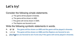 Let’s try!
Consider the following simple statements.
p: The game will be played in Araneta.
q: The game will be shown on ABS.
r: The game will not be shown in GMA.
s: The Raptors are favored to win.
Write the following symbolic statements in words.
a. 𝒒 ∧ 𝒑
b. ~𝒓 ∧ 𝒔
c. 𝒔 ↔ ~𝒑
The game will be shown on ABS and the game will be played in Araneta.
The game will be shown on GMA and the Raptors are favored to win.
The Raptors are favored to win if and only if the game will not be played in Araneta.
 