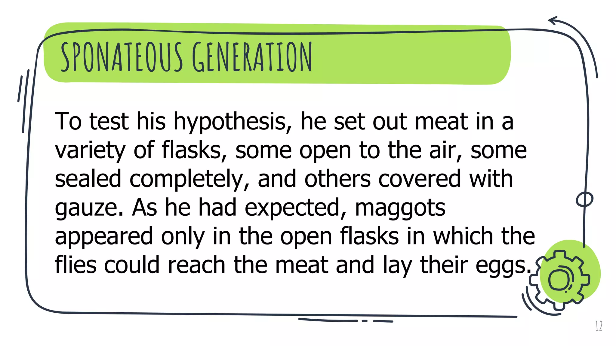 SPONATEOUS GENERATION
12
To test his hypothesis, he set out meat in a
variety of flasks, some open to the air, some
sealed completely, and others covered with
gauze. As he had expected, maggots
appeared only in the open flasks in which the
flies could reach the meat and lay their eggs.
 