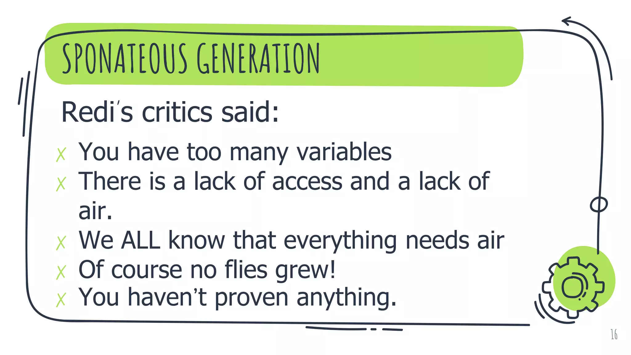 SPONATEOUS GENERATION
16
Redi’s critics said:
✗ You have too many variables
✗ There is a lack of access and a lack of
air.
✗ We ALL know that everything needs air
✗ Of course no flies grew!
✗ You haven’t proven anything.
 