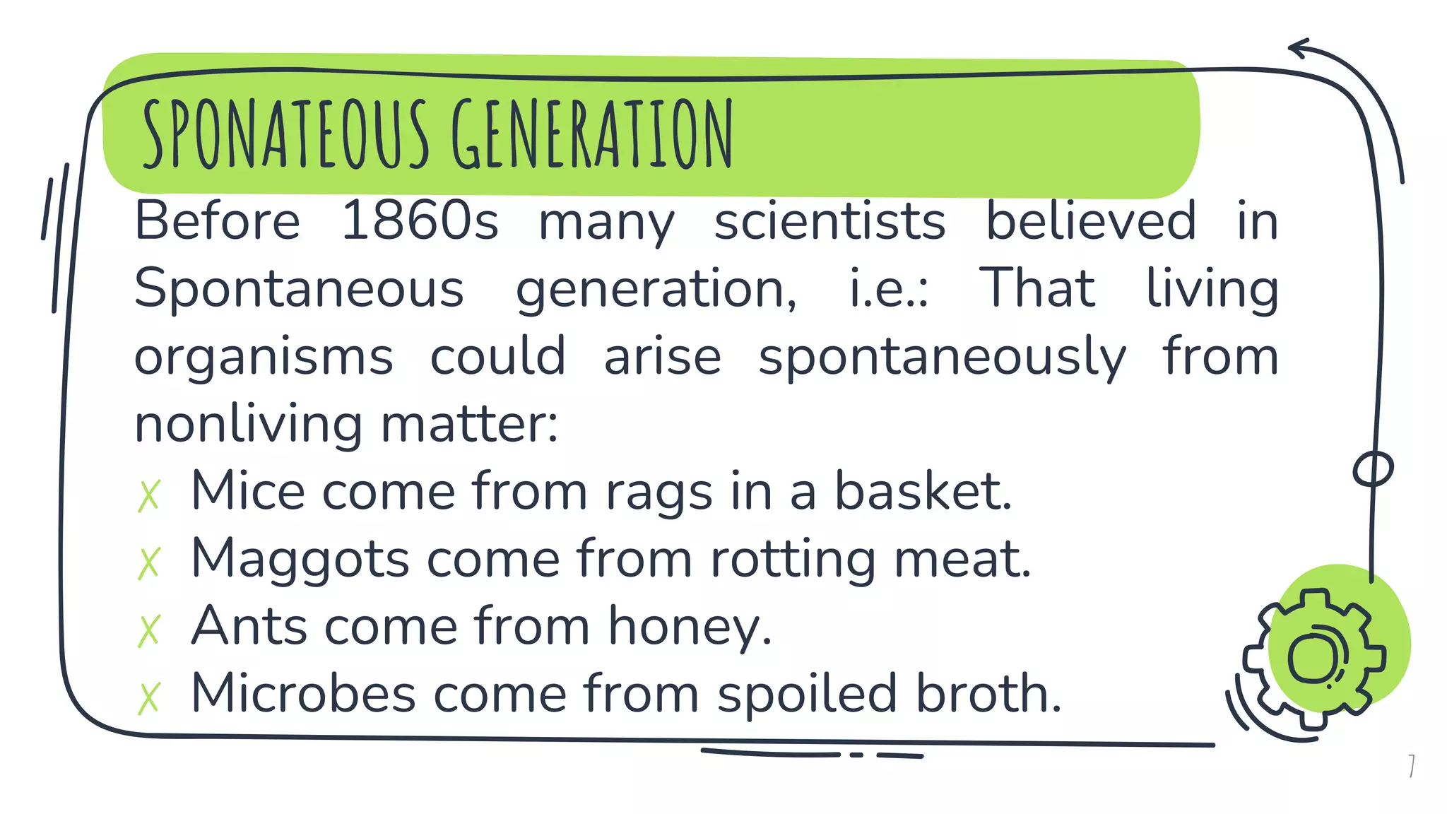 SPONATEOUS GENERATION
7
Before 1860s many scientists believed in
Spontaneous generation, i.e.: That living
organisms could arise spontaneously from
nonliving matter:
✗ Mice come from rags in a basket.
✗ Maggots come from rotting meat.
✗ Ants come from honey.
✗ Microbes come from spoiled broth.
 