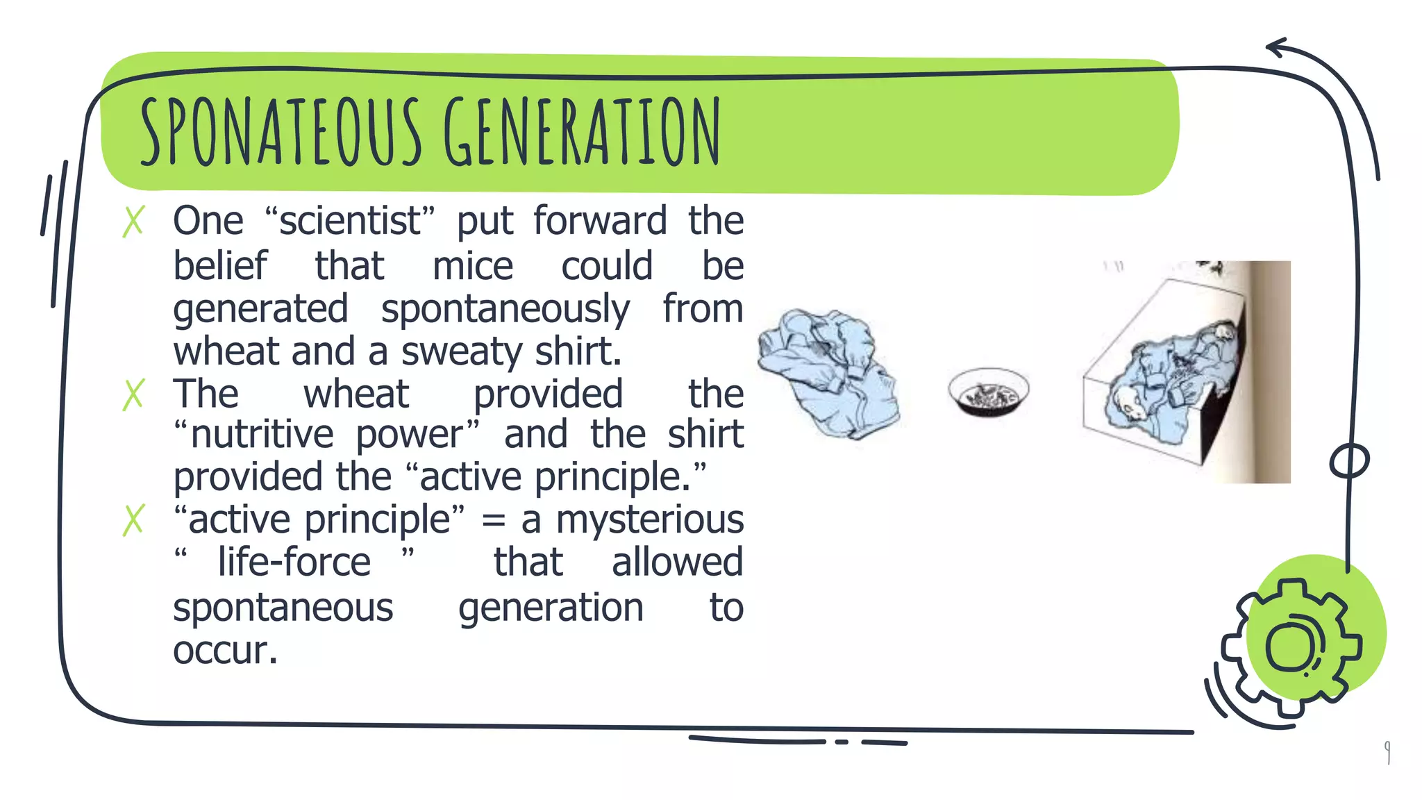 SPONATEOUS GENERATION
9
✗ One “scientist” put forward the
belief that mice could be
generated spontaneously from
wheat and a sweaty shirt.
✗ The wheat provided the
“nutritive power” and the shirt
provided the “active principle.”
✗ “active principle” = a mysterious
“ life-force ” that allowed
spontaneous generation to
occur.
 