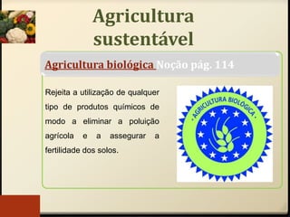 Agricultura
sustentável
Agricultura biológica Noção pág. 114
Rejeita a utilização de qualquer
tipo de produtos químicos de
modo a eliminar a poluição
agrícola e a assegurar a
fertilidade dos solos.
 