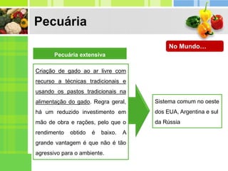 Pecuária
Pecuária extensiva
Criação de gado ao ar livre com
recurso a técnicas tradicionais e
usando os pastos tradicionais na
alimentação do gado. Regra geral,
há um reduzido investimento em
mão de obra e rações, pelo que o
rendimento obtido é baixo. A
grande vantagem é que não é tão
agressivo para o ambiente.
Sistema comum no oeste
dos EUA, Argentina e sul
da Rússia
No Mundo…
 