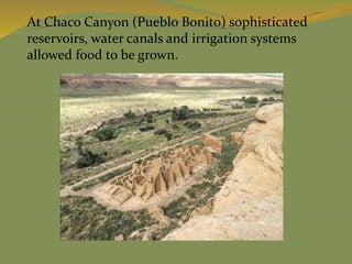 At Chaco Canyon (Pueblo Bonito) sophisticated
reservoirs, water canals and irrigation systems
allowed food to be grown.
 