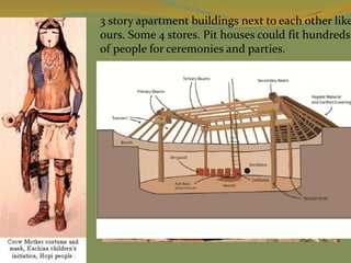 3 story apartment buildings next to each other like
ours. Some 4 stores. Pit houses could fit hundreds
of people for ceremonies and parties.
 